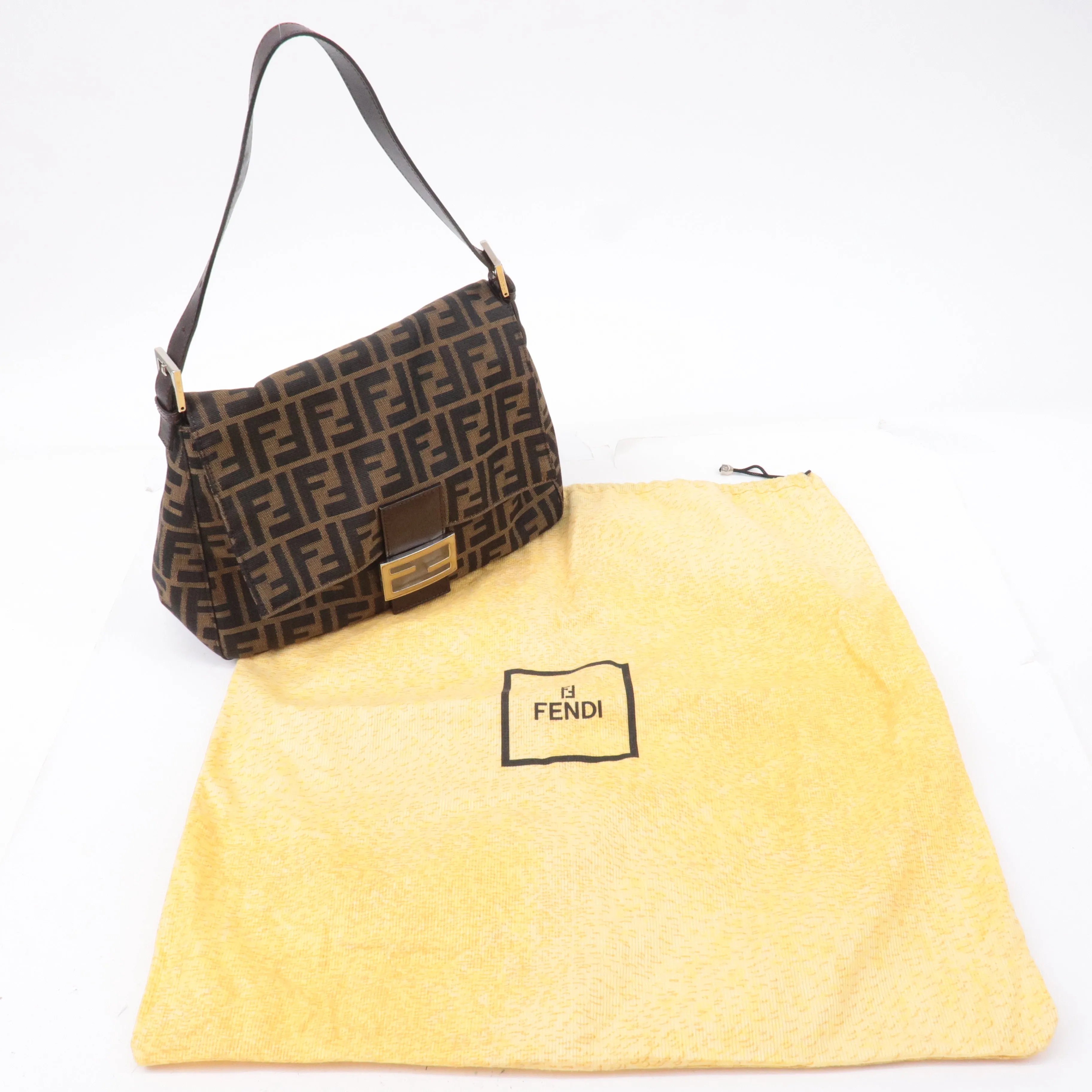FENDI Mamma Baguette Zucca Canvas Leather Shoulder Bag 26325