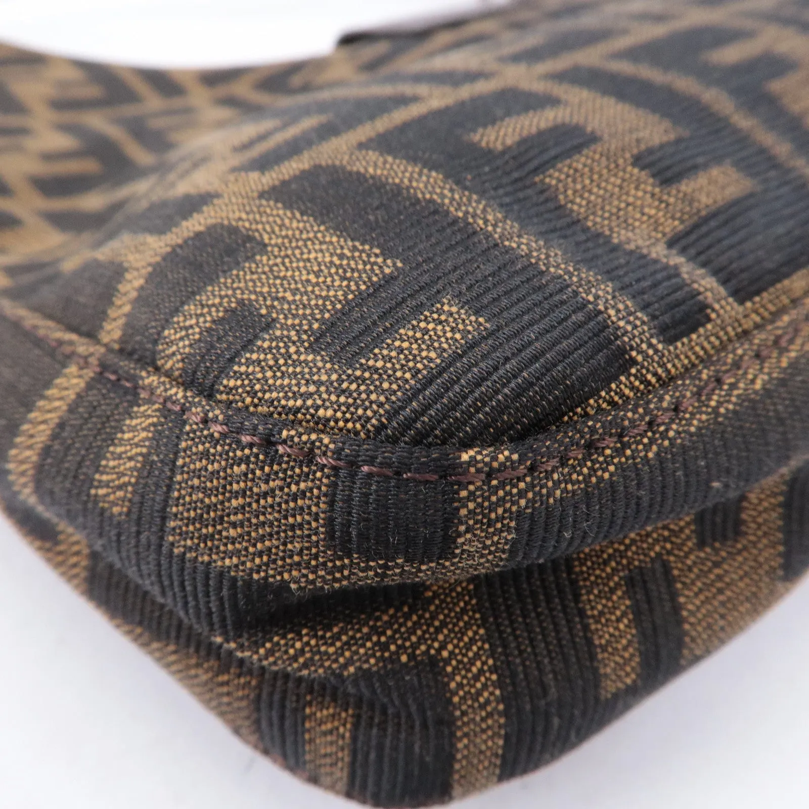 FENDI Zucca Canvas Leather Shoulder Bag Brown Black Brown