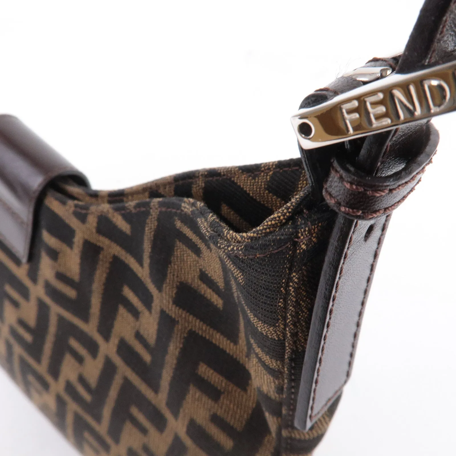 FENDI Zucca Canvas Leather Shoulder Bag Brown Black Brown