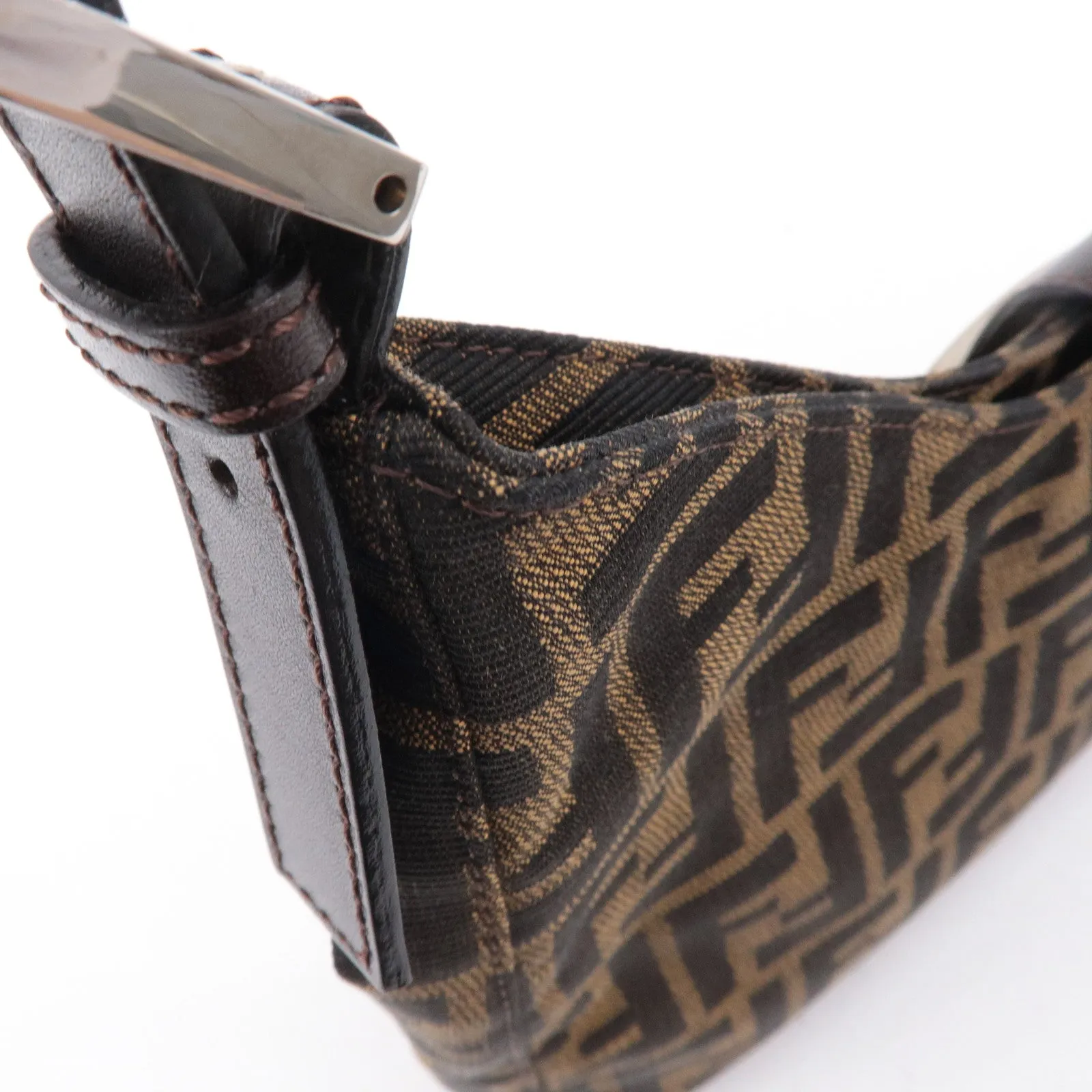 FENDI Zucca Canvas Leather Shoulder Bag Brown Black Brown