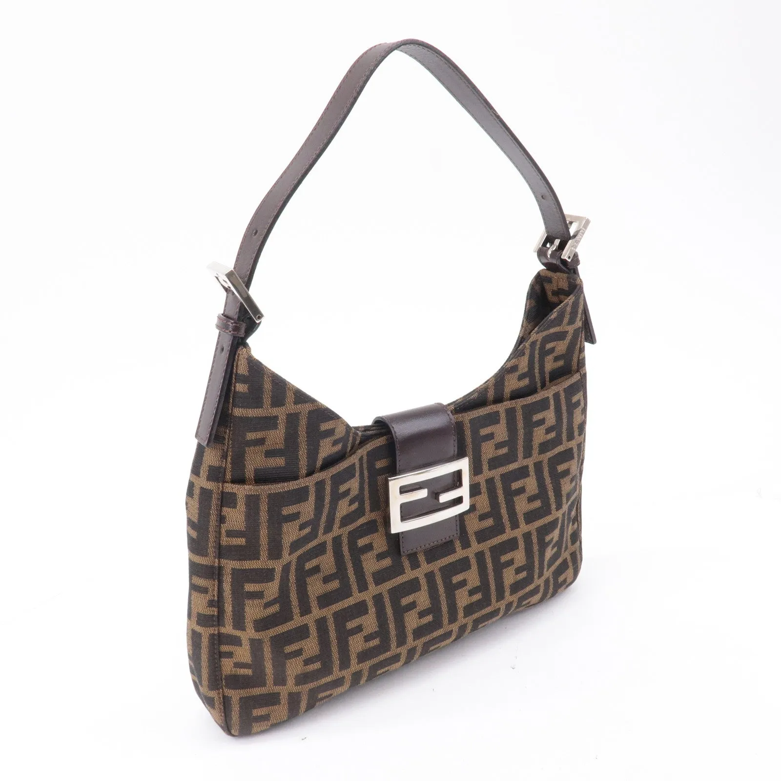 FENDI Zucca Canvas Leather Shoulder Bag Brown Black Brown