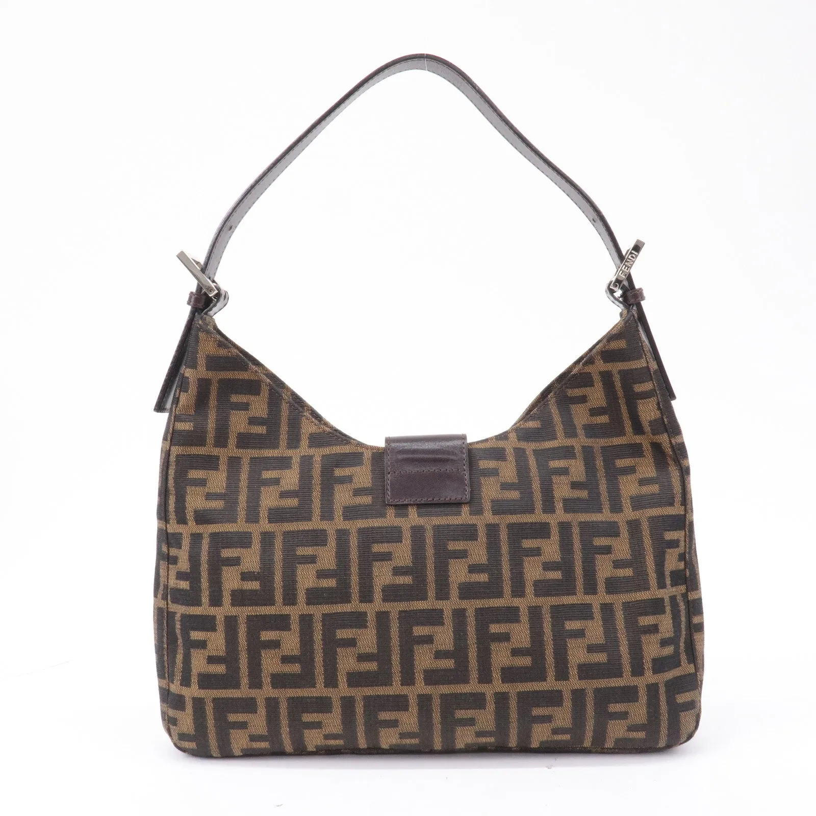 FENDI Zucca Canvas Leather Shoulder Bag Brown Black Brown