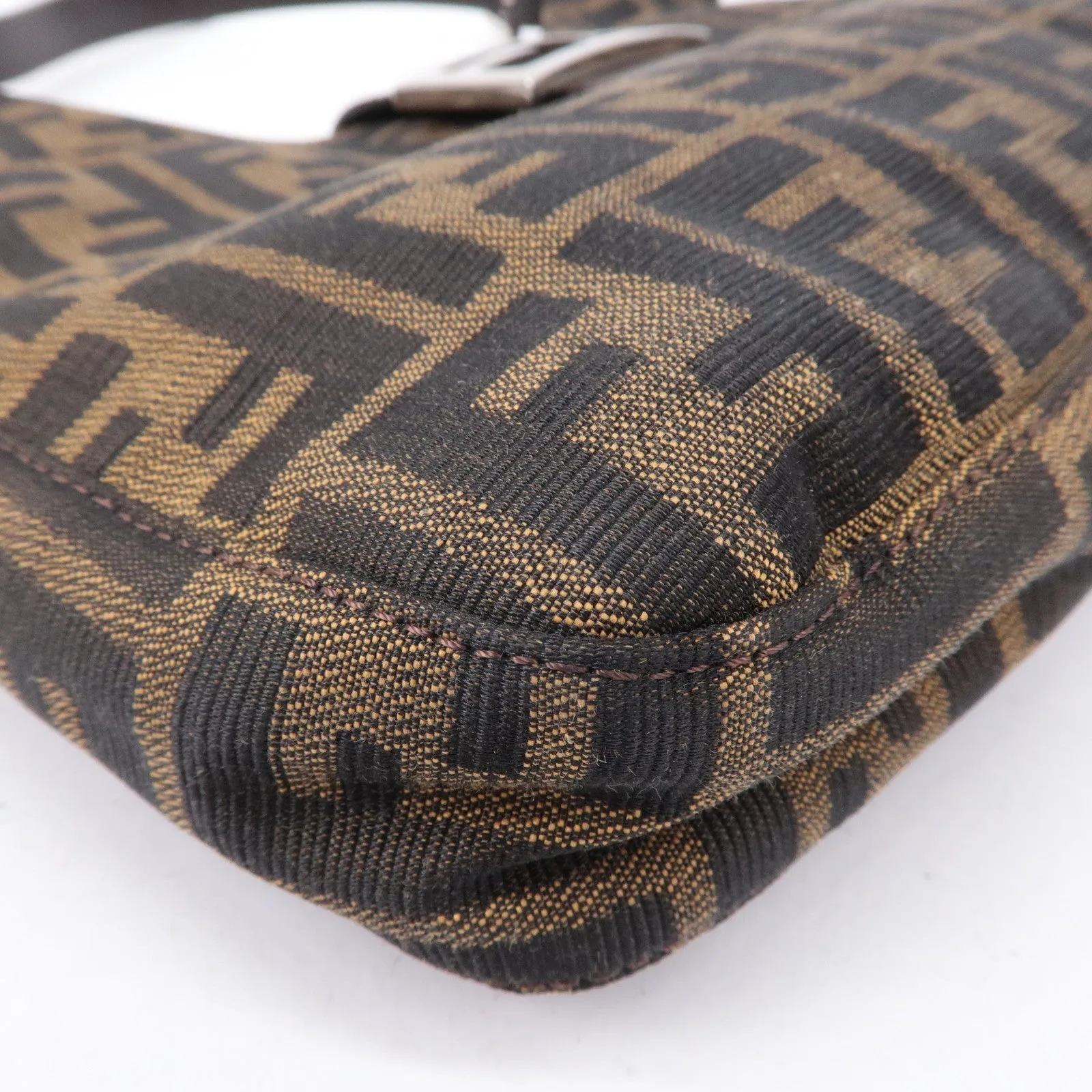 FENDI Zucca Canvas Leather Shoulder Bag Brown Black Brown