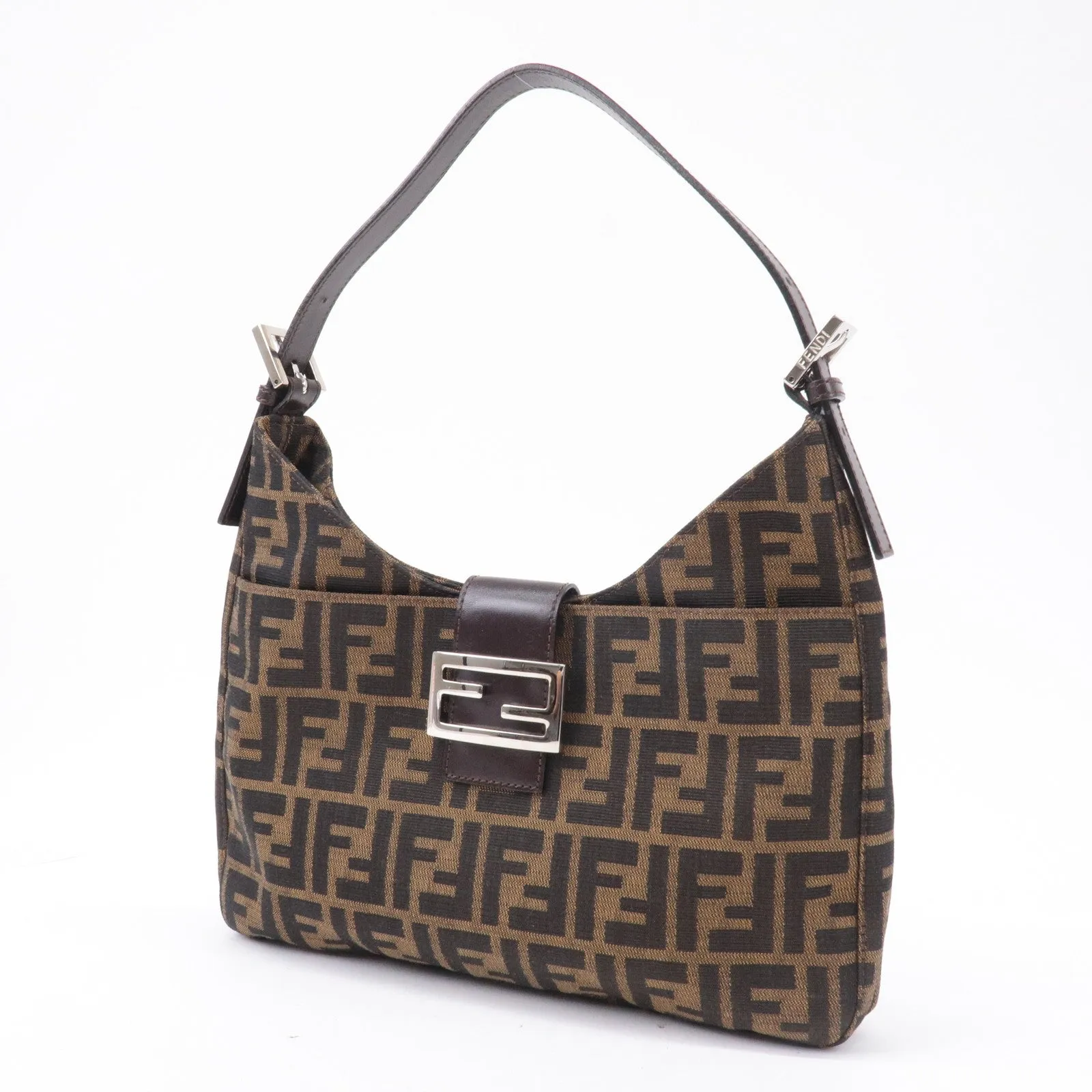 FENDI Zucca Canvas Leather Shoulder Bag Brown Black Brown