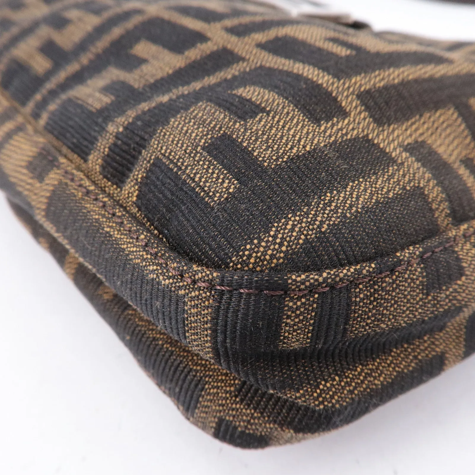 FENDI Zucca Canvas Leather Shoulder Bag Brown Black Brown
