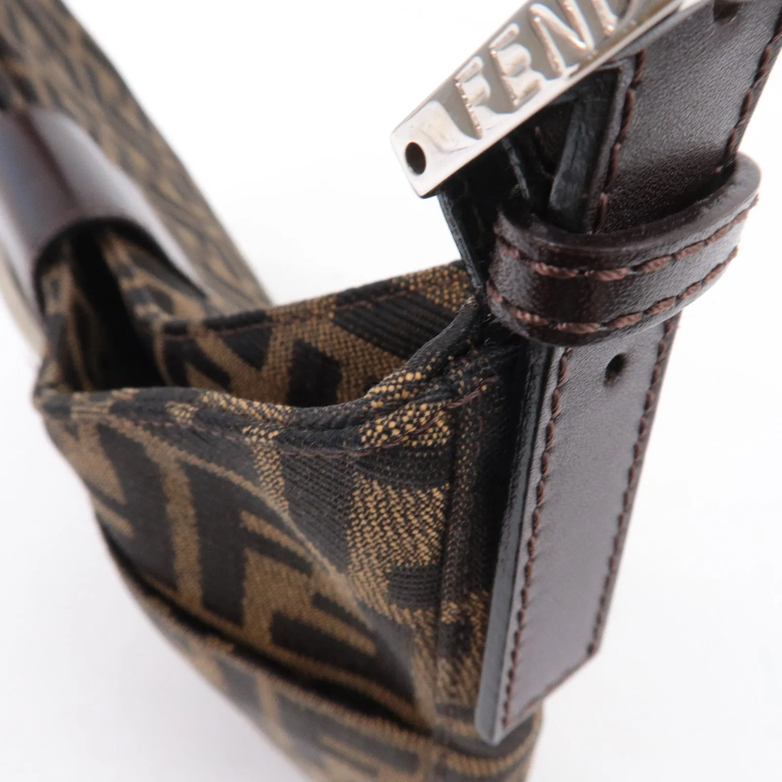 FENDI Zucca Canvas Leather Shoulder Bag Brown Black Brown