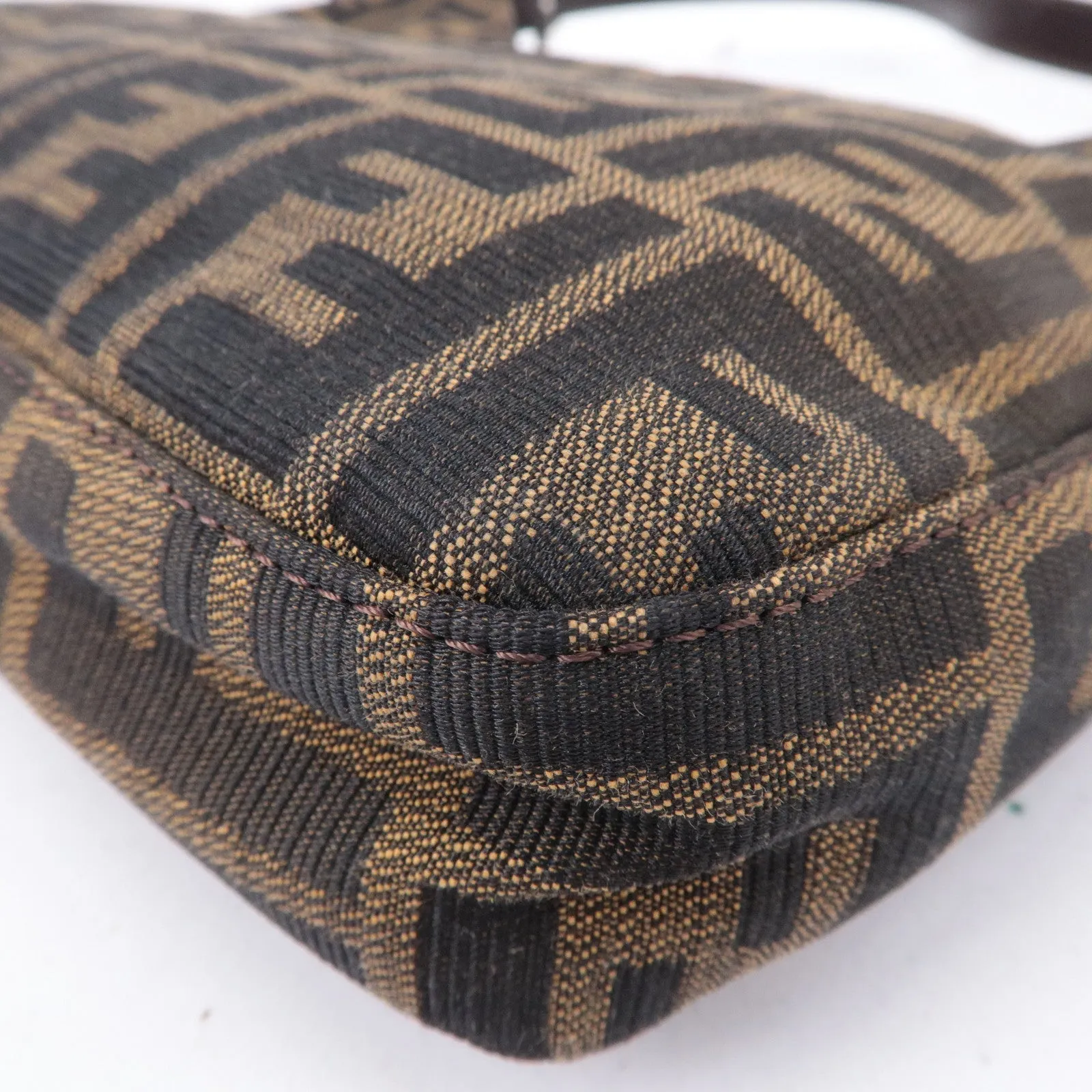 FENDI Zucca Canvas Leather Shoulder Bag Brown Black Brown
