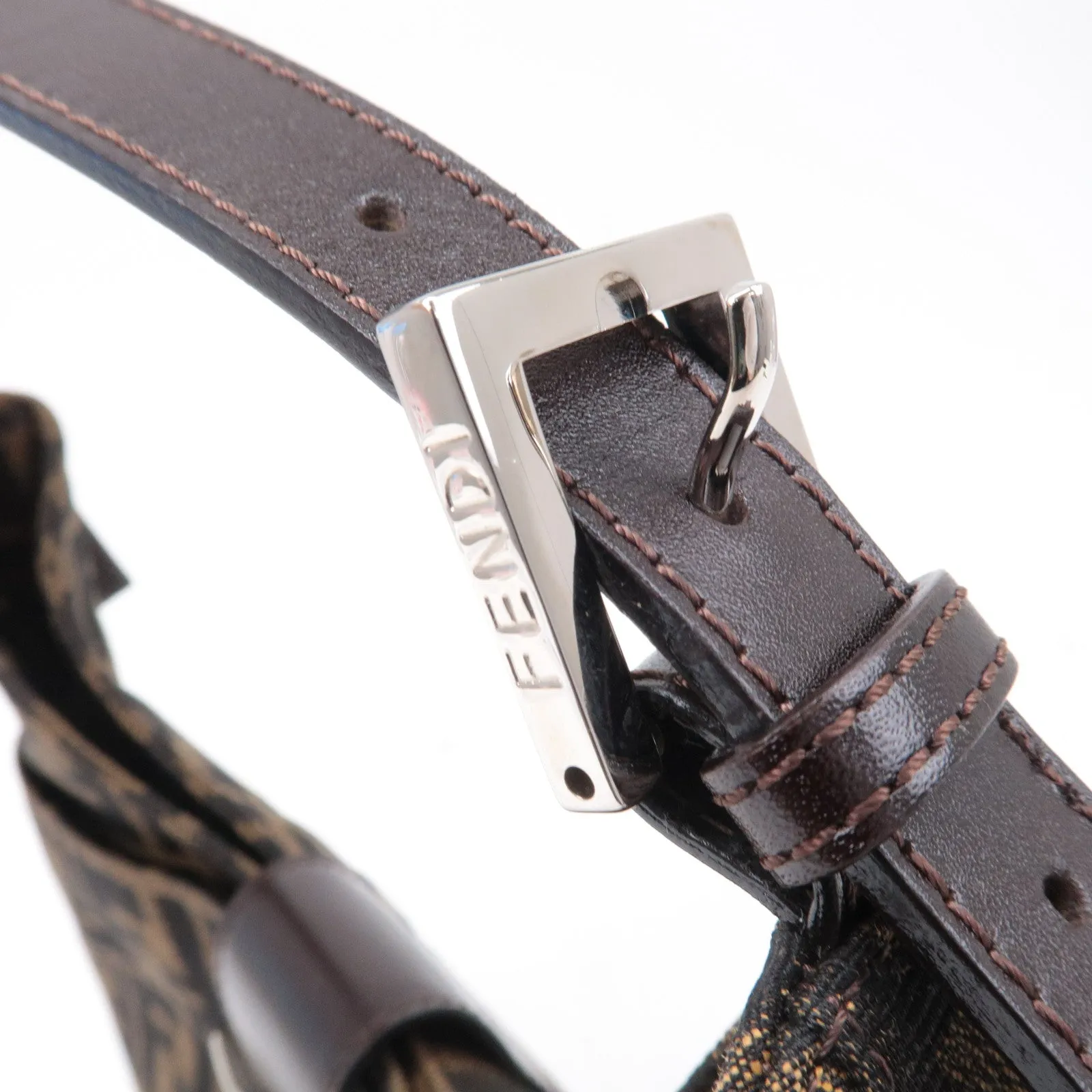 FENDI Zucca Canvas Leather Shoulder Bag Brown Black Brown