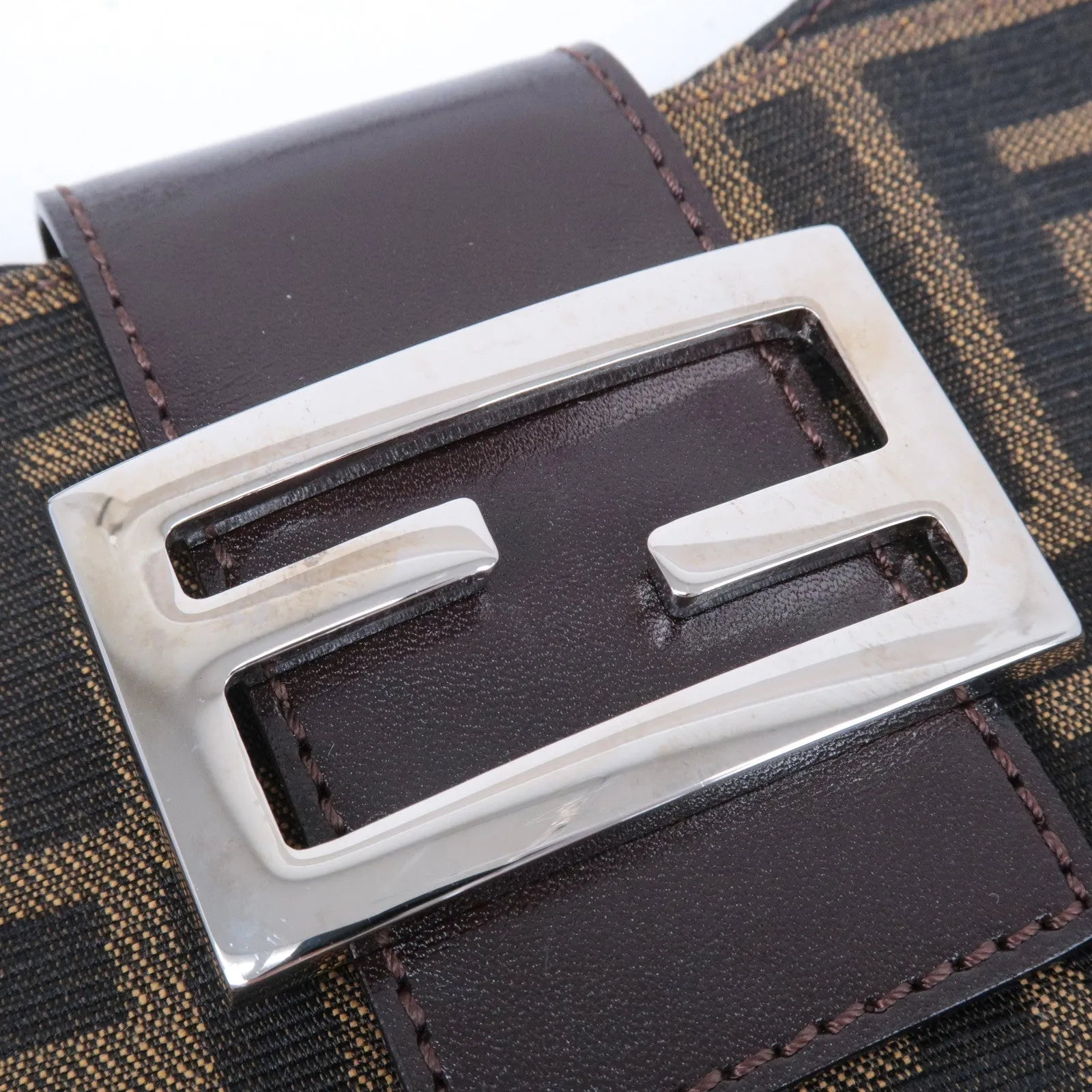 FENDI Zucca Canvas Leather Shoulder Bag Brown Black Brown