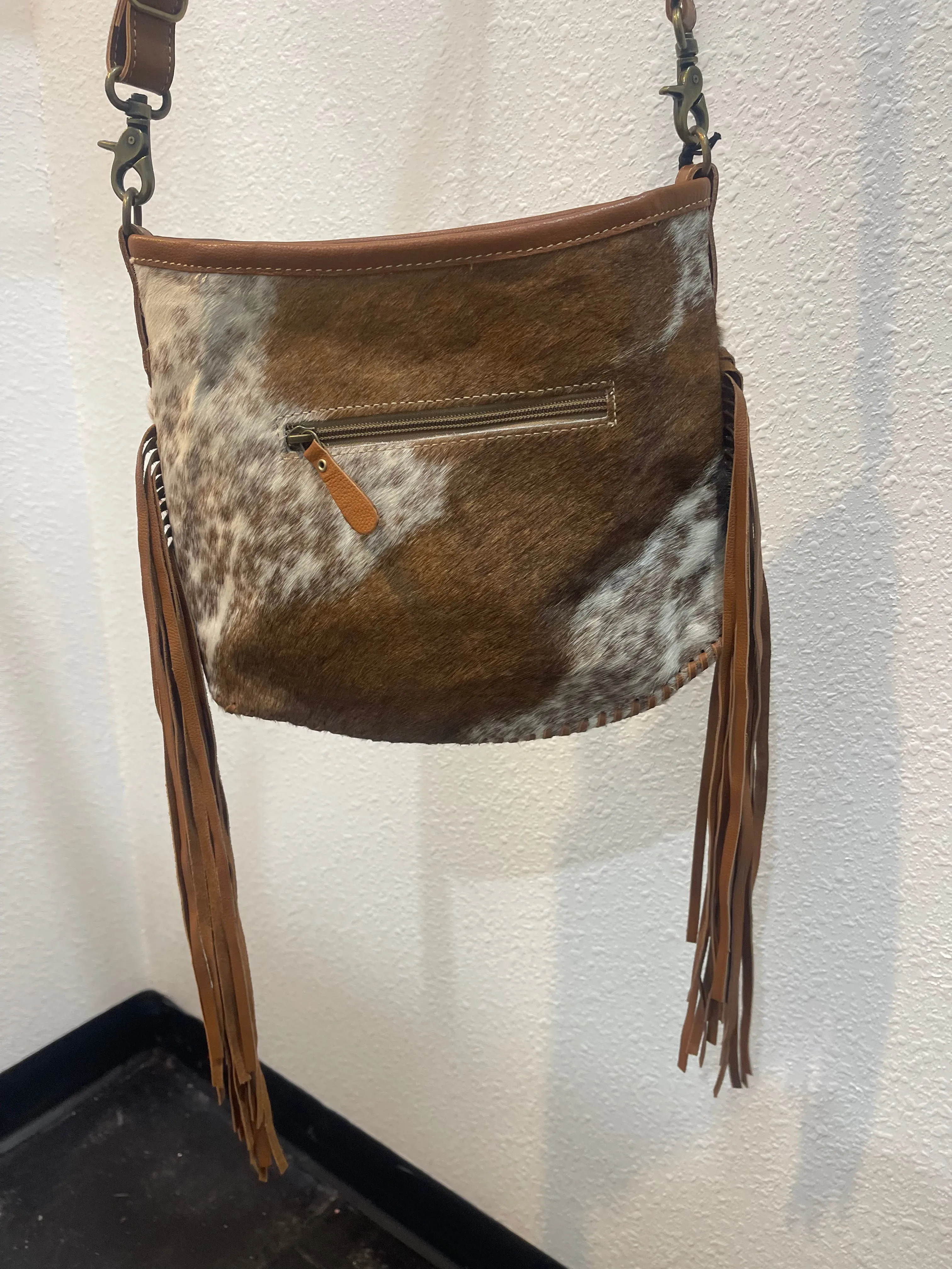Myra Brown Speckled Cowhide Fringe Crossbody