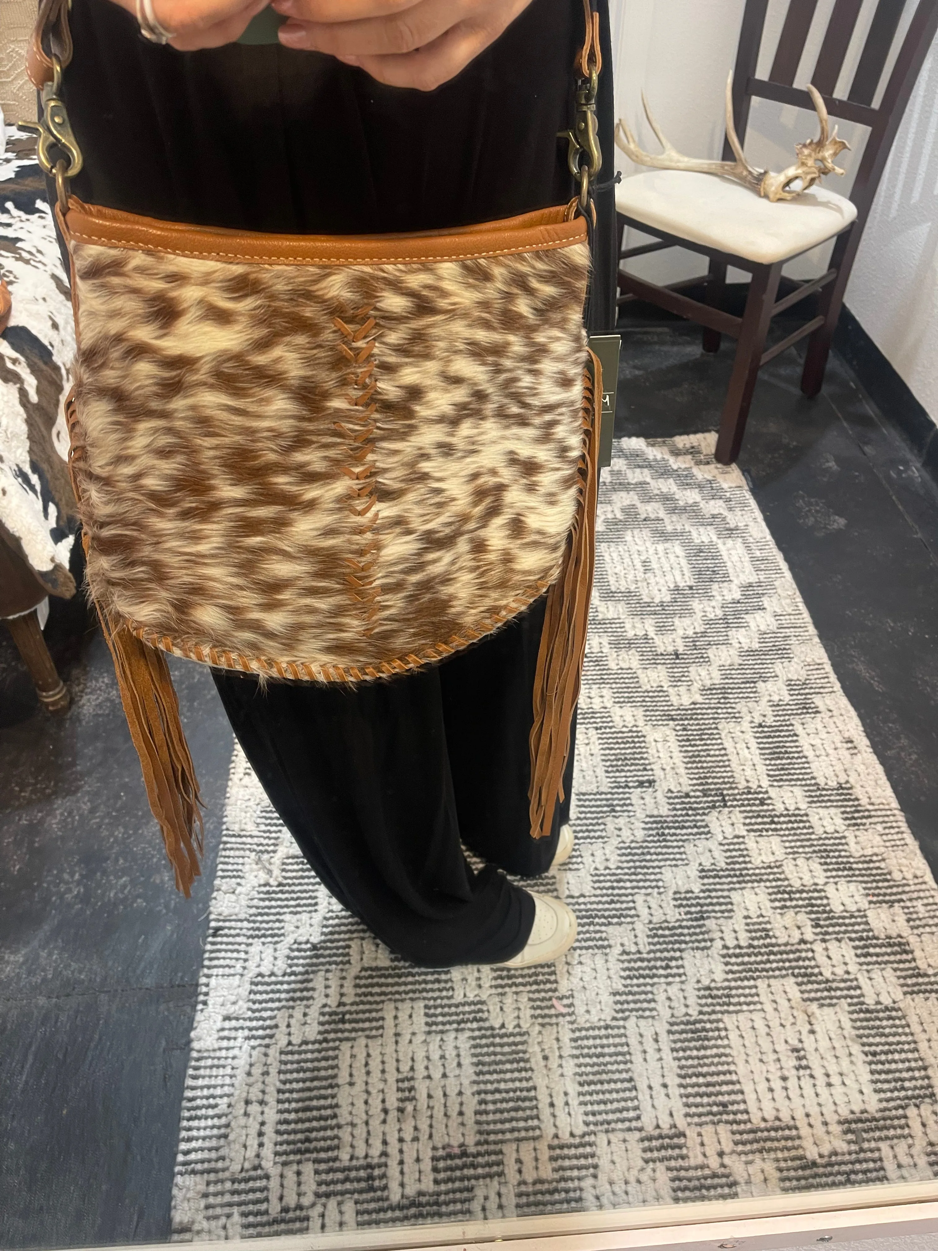 Myra Brown Speckled Cowhide Fringe Crossbody