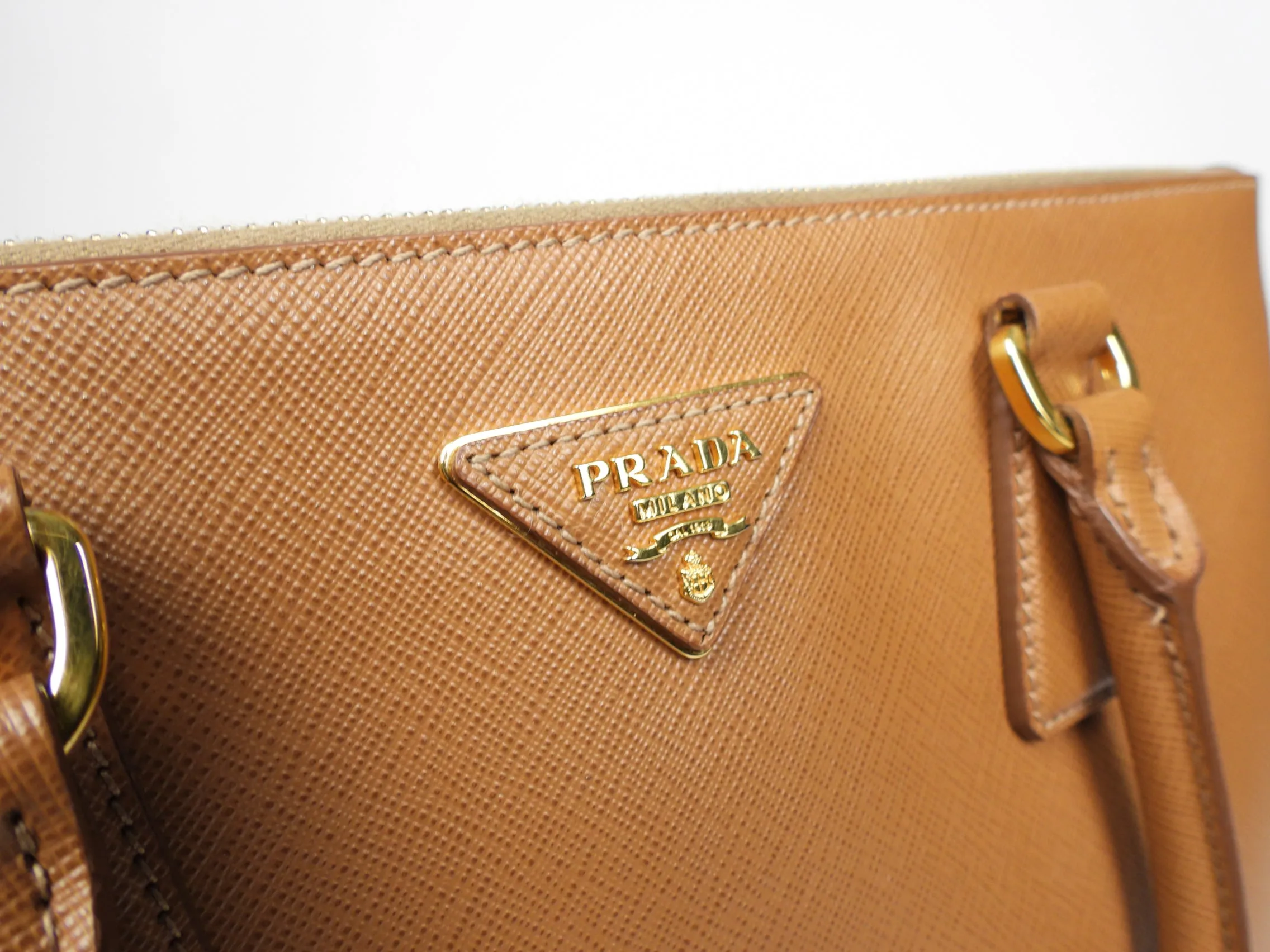Prada Galleria Double Zip Tote Bag in Caramel Brown Saffiano Leather
