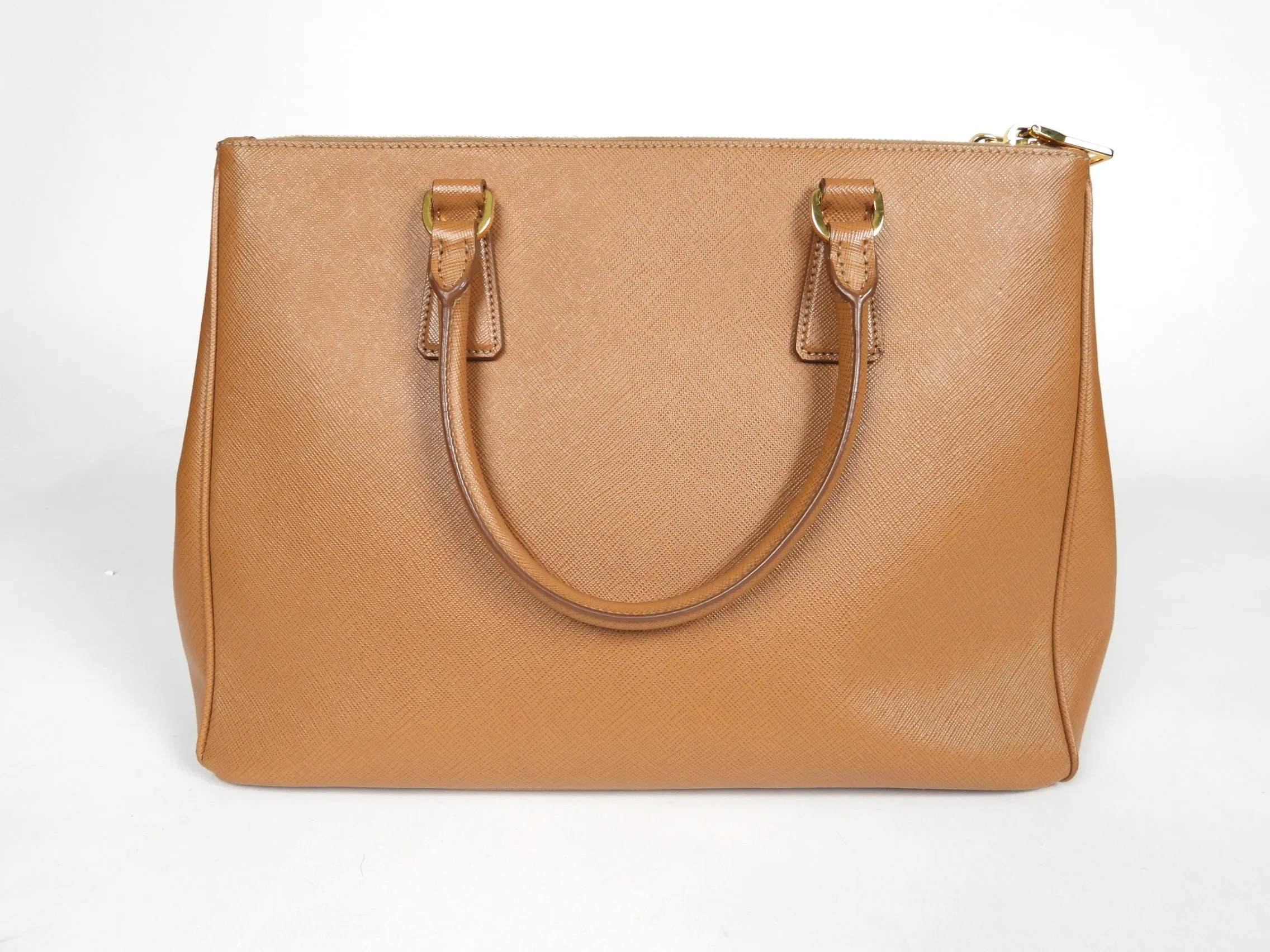 Prada Galleria Double Zip Tote Bag in Caramel Brown Saffiano Leather