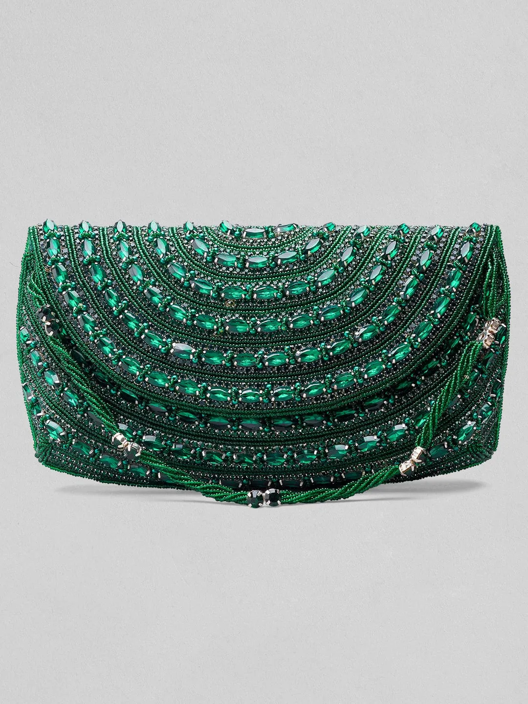 Rubans Green Colour Handbag With Embroided Green Stone Design.