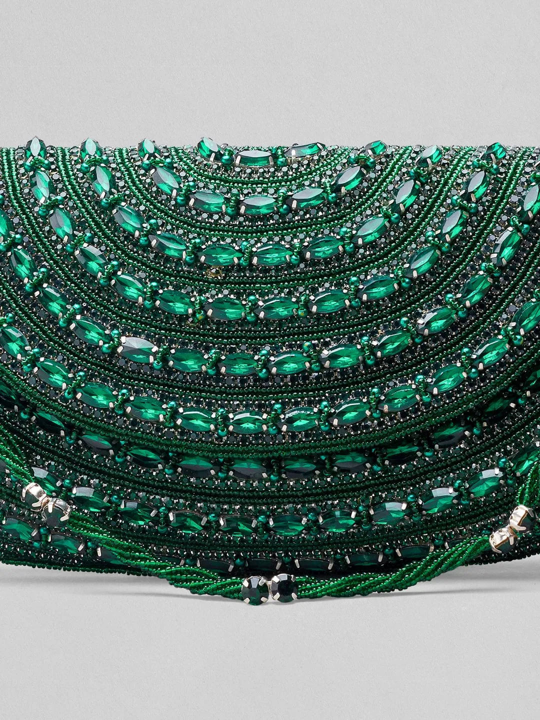 Rubans Green Colour Handbag With Embroided Green Stone Design.