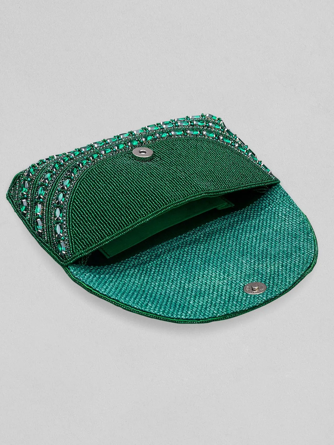 Rubans Green Colour Handbag With Embroided Green Stone Design.
